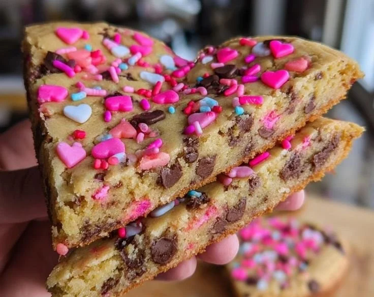 Heart-shaped cookie cake topped with icing and sprinkles, perfect for celebrations.