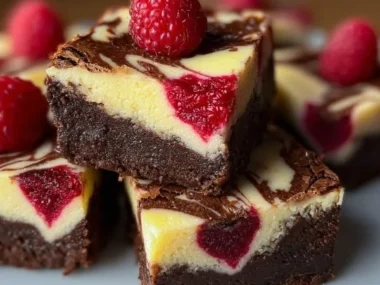 Heart-shaped brownies with raspberry puree and cheesecake filling