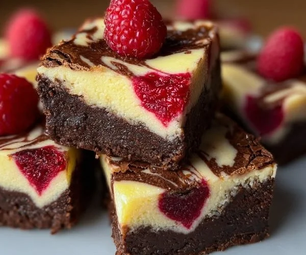 Heart-shaped brownies with raspberry puree and cheesecake filling