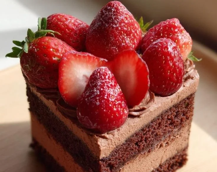 Heart-shaped chocolate cake adorned with ripe strawberries for a sweet dessert.