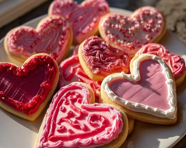 Delicious heart-shaped cookies decorated for Valentine's Day