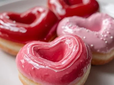 Delicious heart-shaped donuts decorated with icing and sprinkles