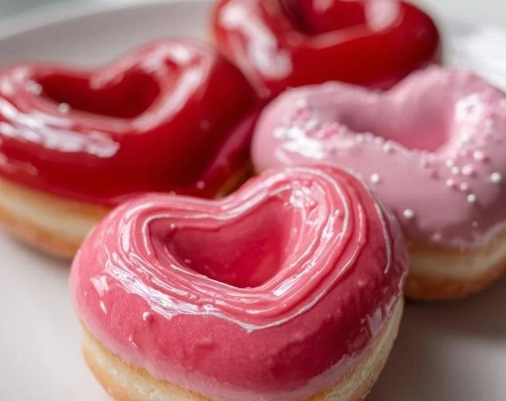 Delicious heart-shaped donuts decorated with icing and sprinkles