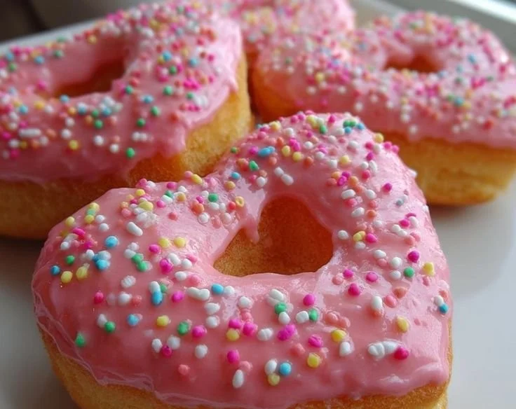 Delicious heart-shaped donuts decorated with icing and sprinkles