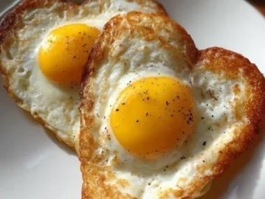 Plate of beautifully cooked heart-shaped eggs served for a romantic breakfast.