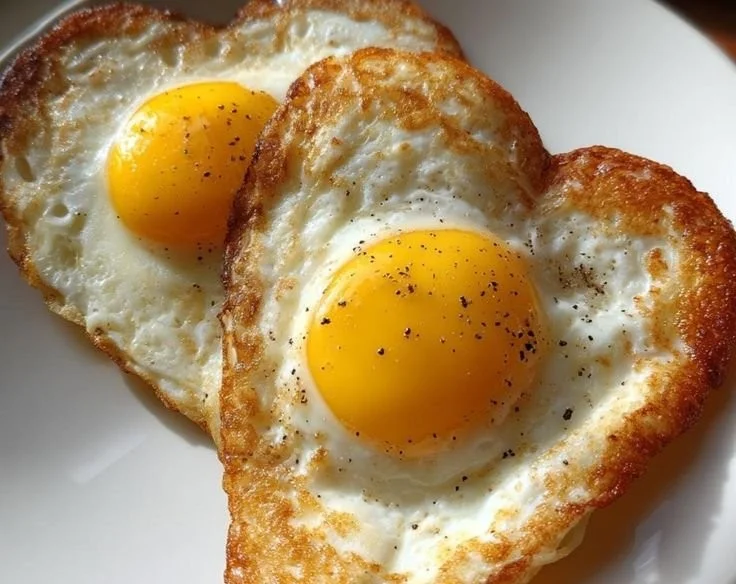 Plate of beautifully cooked heart-shaped eggs served for a romantic breakfast.