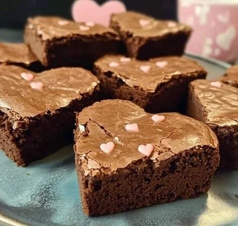 Heart-shaped fudge brownies with a rich chocolate texture on a decorative plate