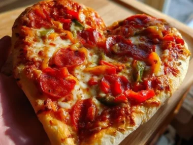 Delicious heart-shaped pizza topped with fresh ingredients