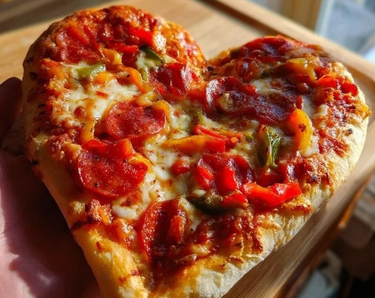 Delicious heart-shaped pizza topped with fresh ingredients
