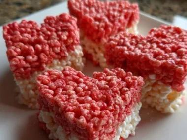 Heart-shaped rice crispy treats decorated for a festive celebration.