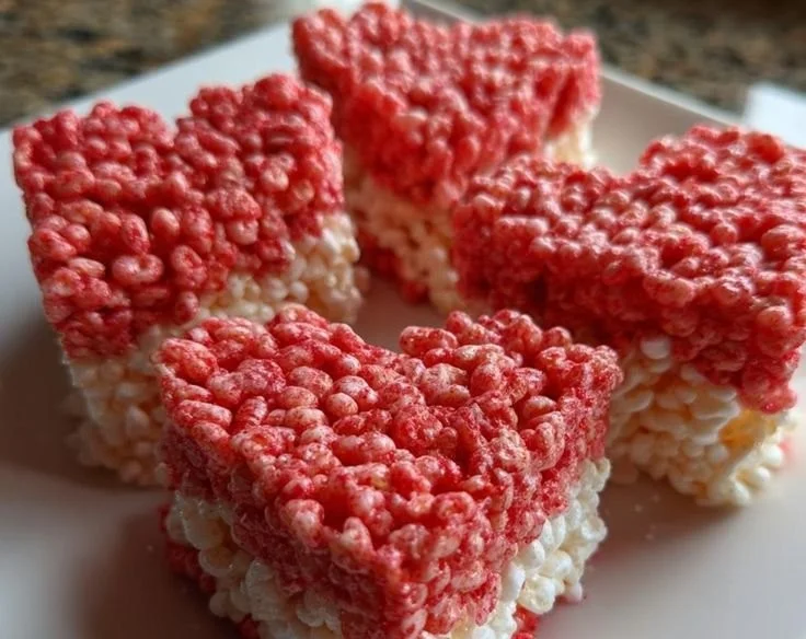 Heart-shaped rice crispy treats decorated for a festive celebration.