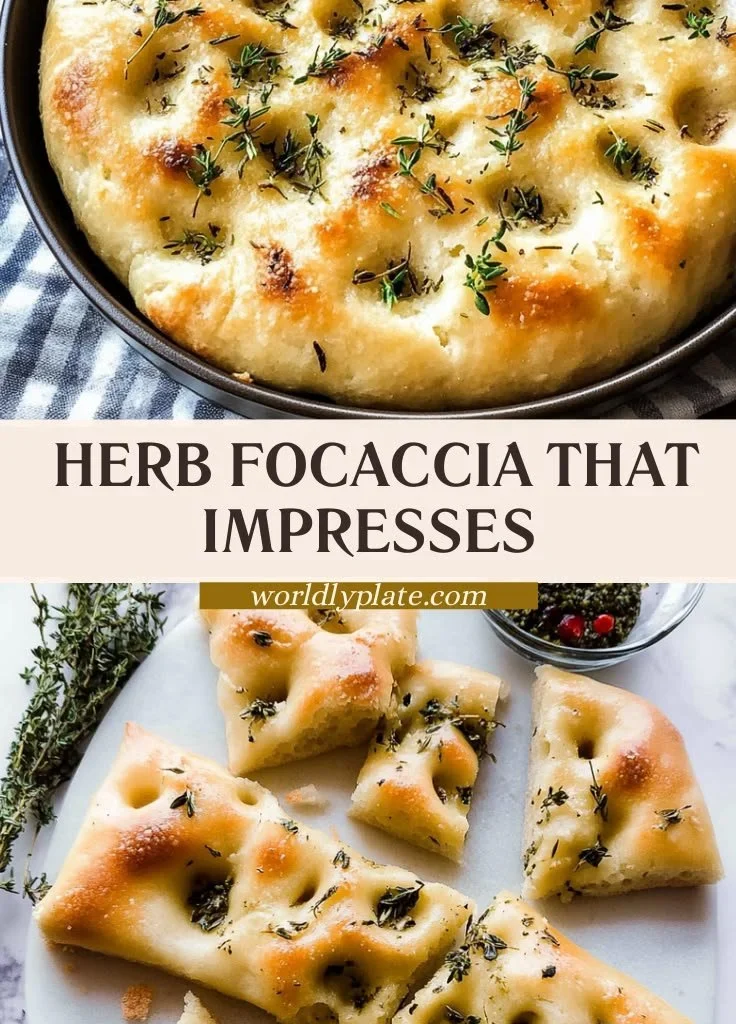 Deliciously baked Herb Focaccia bread topped with fresh herbs.