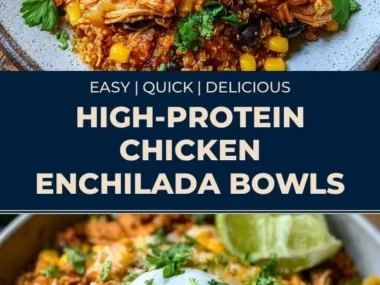 High-protein chicken enchilada bowl with toppings and ingredients