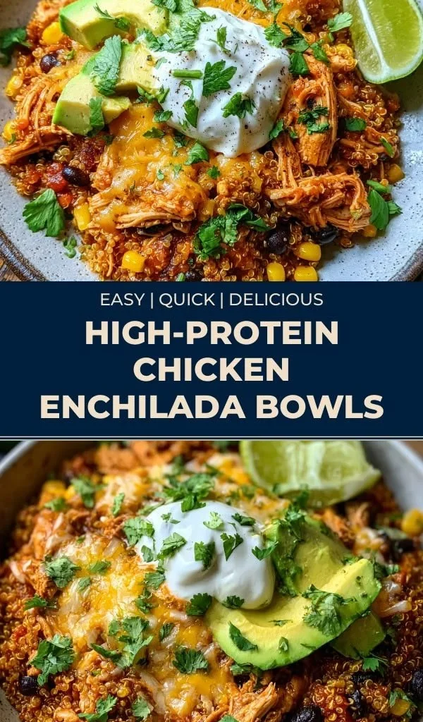 High-protein chicken enchilada bowl with toppings and ingredients