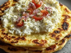 High-protein cottage cheese flatbread recipe with fresh ingredients.