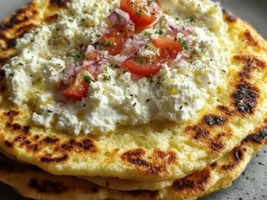 High-protein cottage cheese flatbread recipe with fresh ingredients.