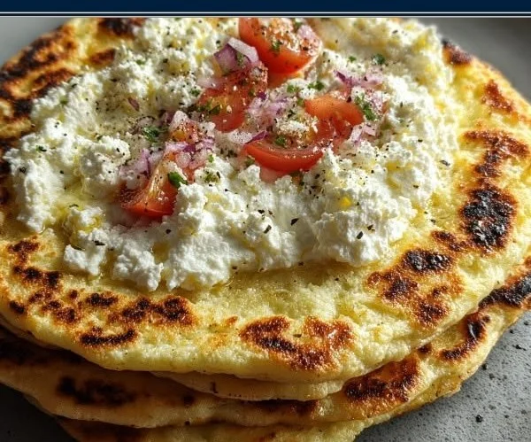 High-protein cottage cheese flatbread recipe with fresh ingredients.