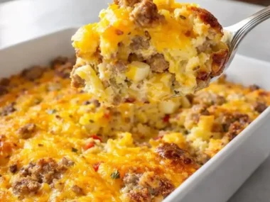 Delicious homemade breakfast casserole with cheese and hearty ingredients