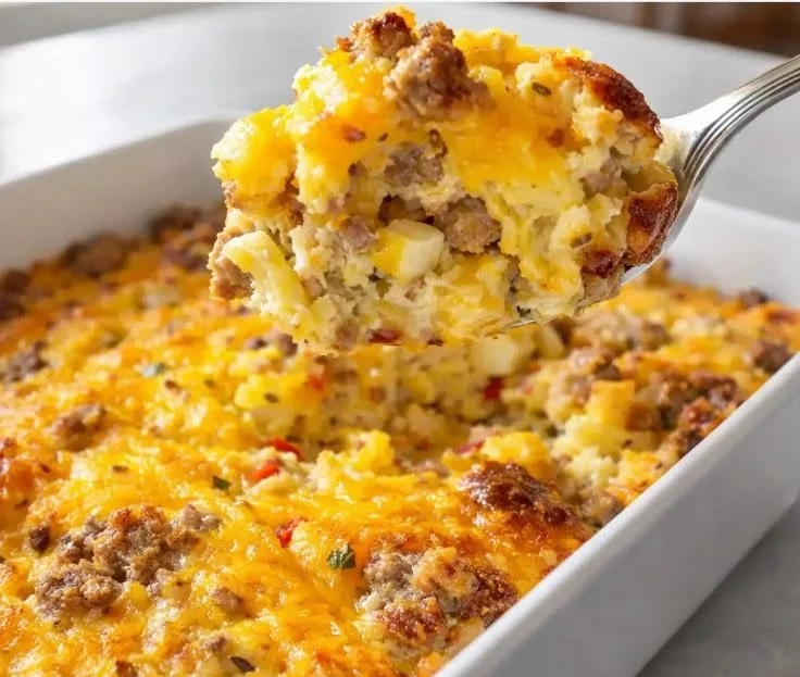 Delicious homemade breakfast casserole with cheese and hearty ingredients