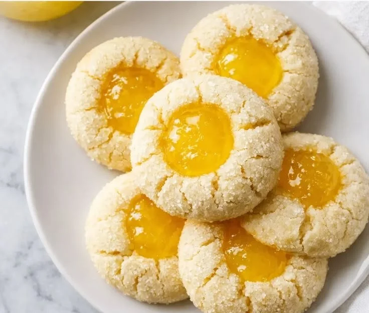 Homemade lemon curd thumbprint cookies on a plate
