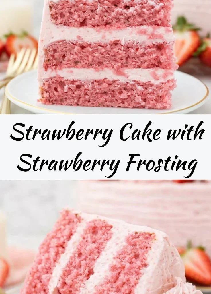 Delicious homemade strawberry cake with creamy strawberry frosting