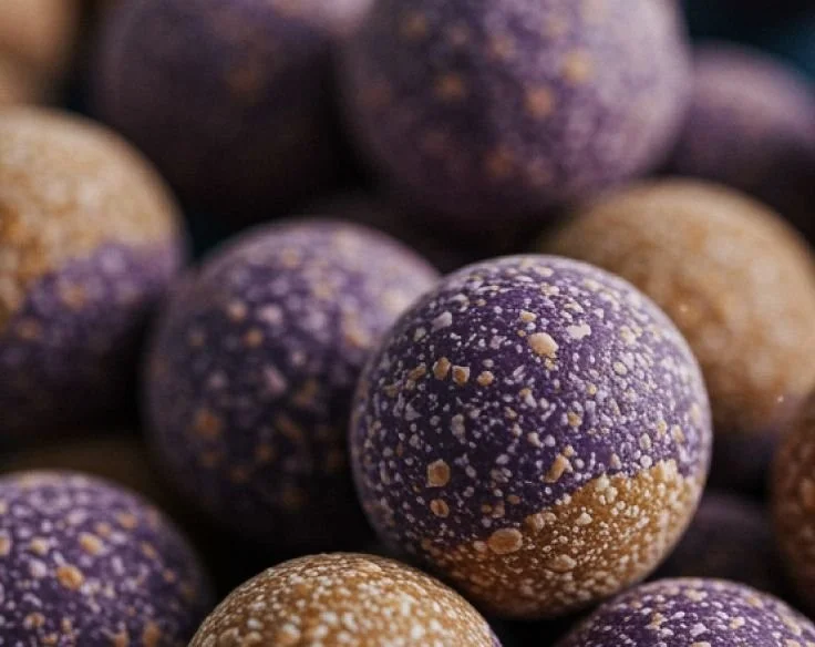 Homemade sweet potato and blueberry dog chews on a wooden surface