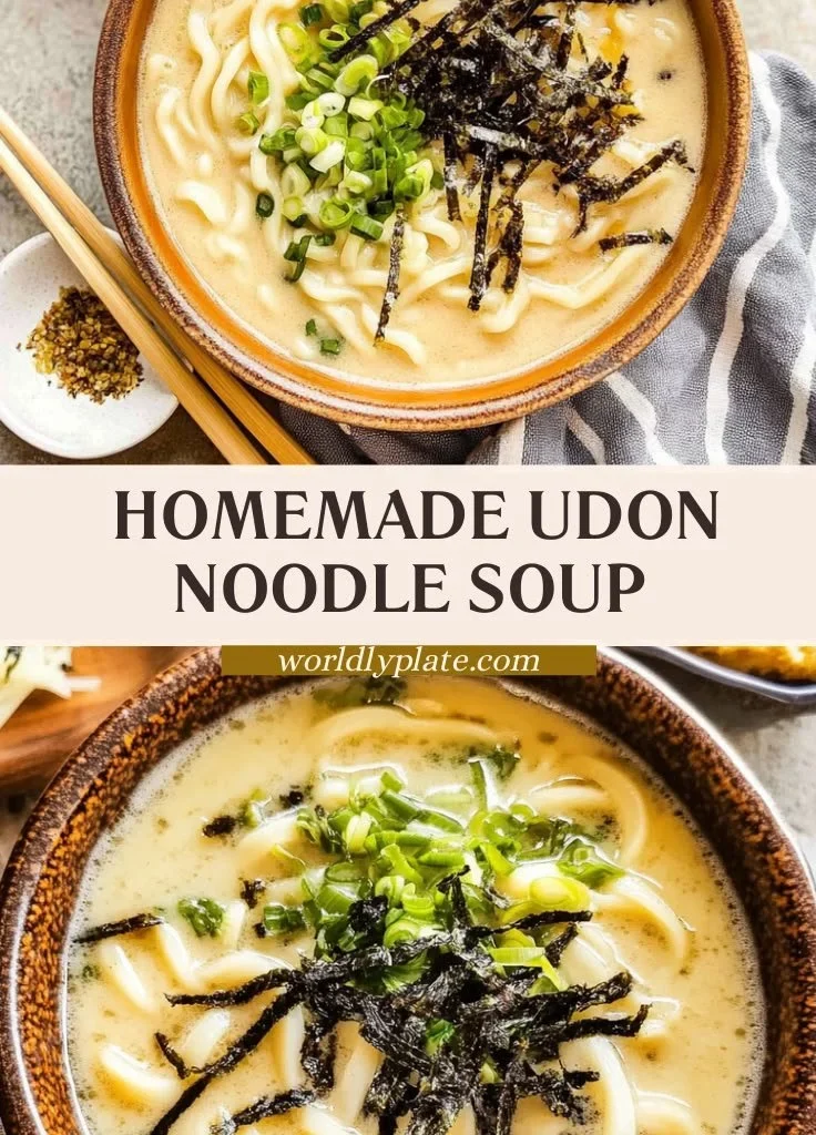Bowl of homemade udon noodle soup with fresh ingredients