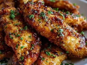 Honey Butter Garlic Air Fryer Chicken Tenders with crispy golden coating
