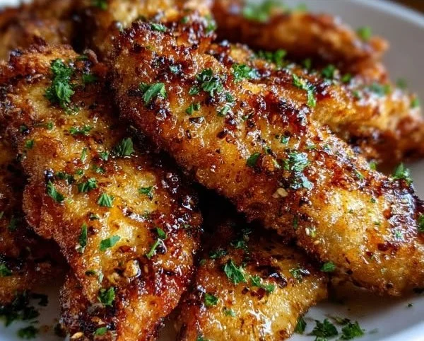 Honey Butter Garlic Air Fryer Chicken Tenders with crispy golden coating