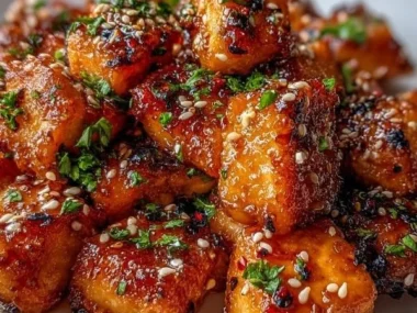 Air fryer Honey Garlic Salmon Bites served with a side of vegetables