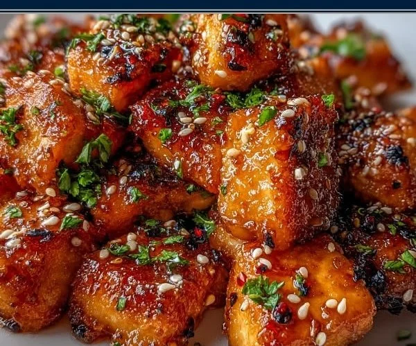 Air fryer Honey Garlic Salmon Bites served with a side of vegetables