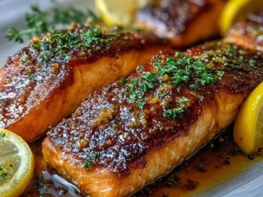 Honey-glazed crispy pan-seared salmon served on a plate with garnish