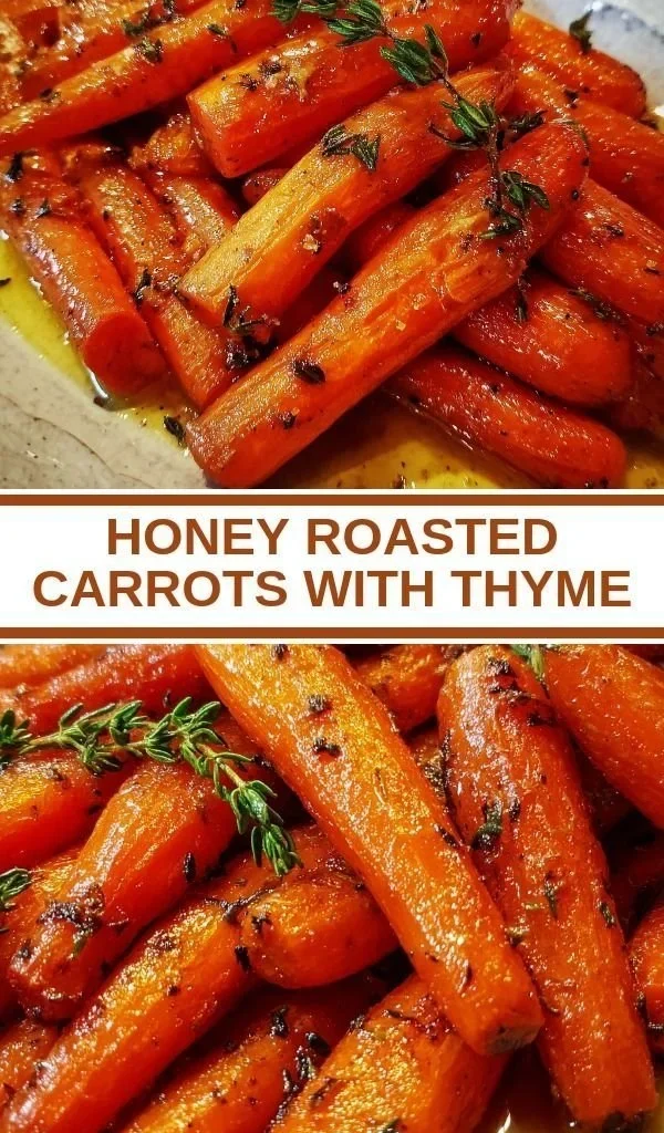 Honey roasted carrots with thyme on a serving dish