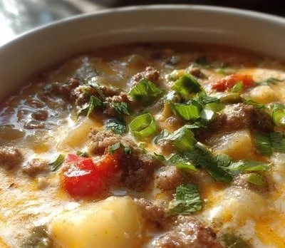 Bowl of delicious Keto Cheeseburger Soup garnished with herbs