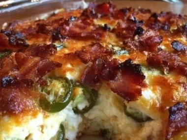 Baked Keto Jalapeño Popper Casserole garnished with jalapeños and cheese