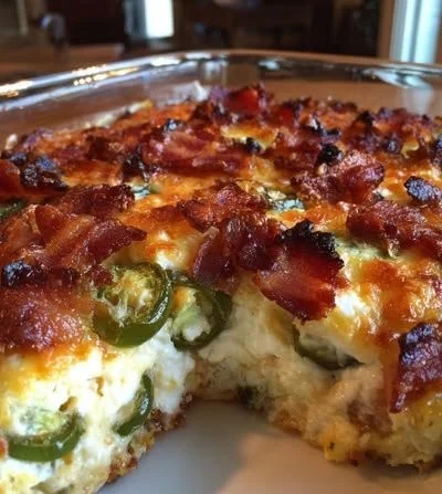 Baked Keto Jalapeño Popper Casserole garnished with jalapeños and cheese