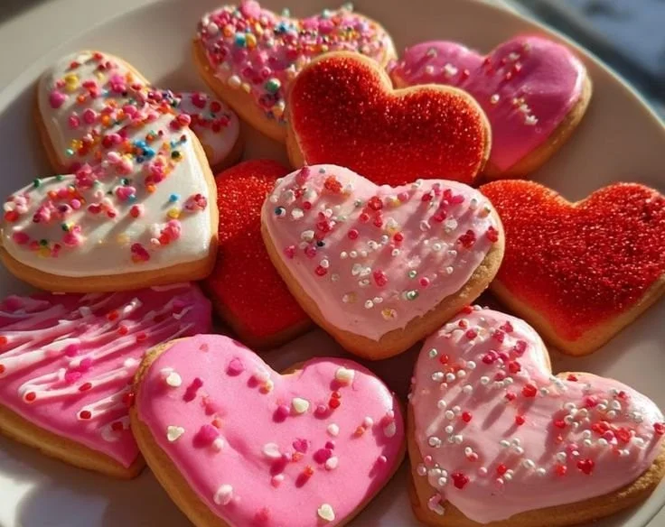Colorful kids Valentine's cookies decorated for a festive celebration.