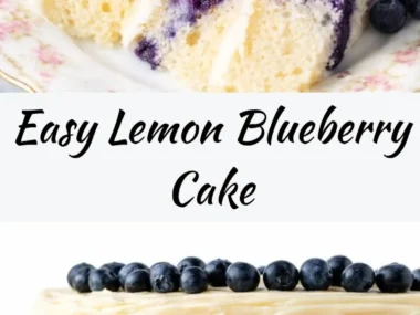 Sliced lemon blueberry cake garnished with blueberries and lemon zest