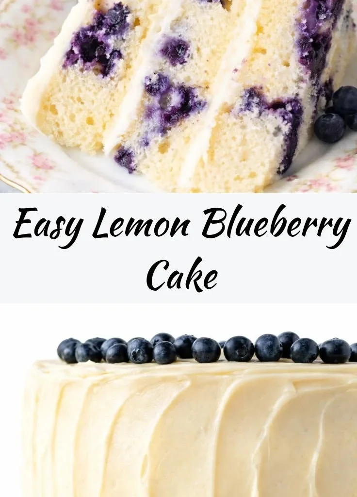 Sliced lemon blueberry cake garnished with blueberries and lemon zest