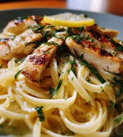 A plate of Lemon Chicken Pasta garnished with fresh herbs and lemon zest.