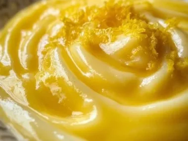 Homemade lemon curd spread in a jar with fresh lemons and pastry.