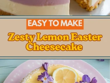 Slice of lemon easter cheesecake garnished with lemon zest and mint.