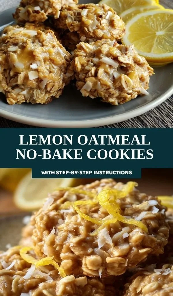 Lemon oatmeal no-bake cookies on a plate with fresh lemon slices.