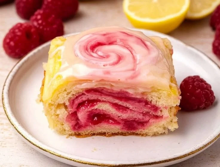 Freshly baked Lemon Raspberry Rolls topped with icing and raspberries