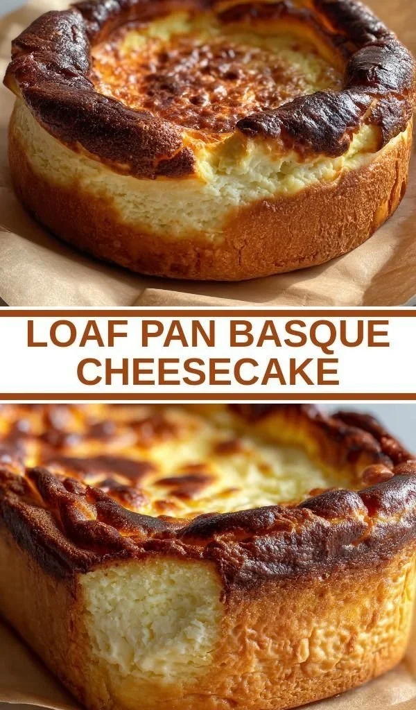 Delicious loaf pan Basque cheesecake with a golden brown top.