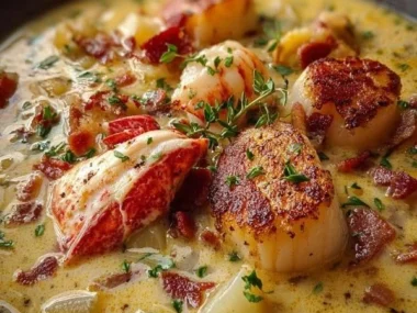 Bowl of creamy Lobster Scallop Chowder garnished with herbs.
