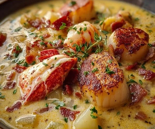 Bowl of creamy Lobster Scallop Chowder garnished with herbs.