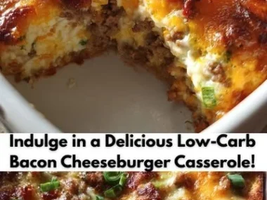 Low-Carb Bacon Cheeseburger Casserole served in a baking dish with toppings