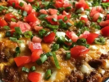 Delicious low-carb taco casserole served in a dish with toppings