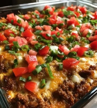 Delicious low-carb taco casserole served in a dish with toppings